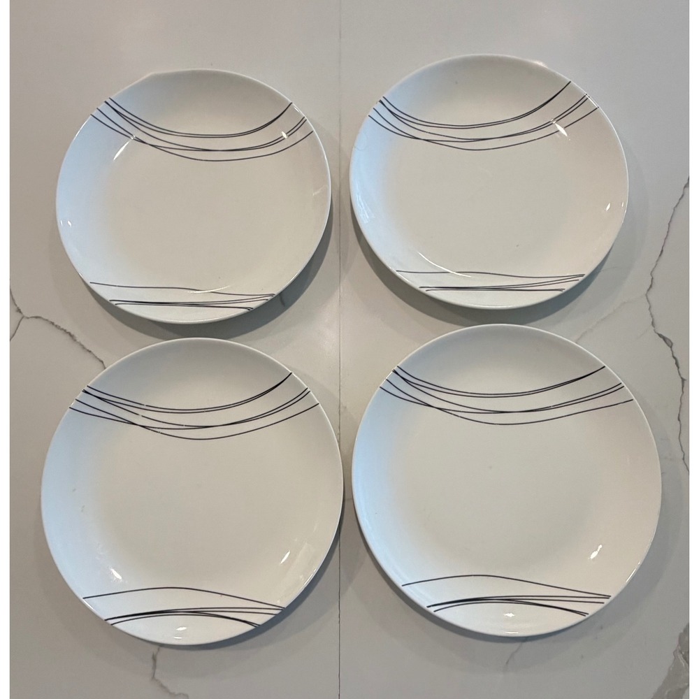 Blue Harbor Set of 4 White Stoneware Dinner Plates Black Swoosh Line Art 10.5"